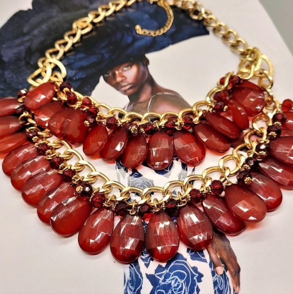 Vintage Scarlet Red Crystal Beaded Large Gold Link Statement Necklace